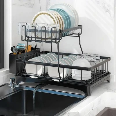 FURNIinspire Dish Racks 2-Tier Kitchen Holder Dish Drying Rack Detachable Drainer Organizer Utensil Cup Rack Swivel, Black, 17.36"*12.68"*4.29" 1 FURNIinspire Dish Racks 2-Tier Kitchen Holder Dish Drying Rack Detachable Drainer Organizer Utensil Cup Rack Swivel, Black, 17.36"*12.68"*4.29"