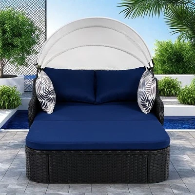 FURNIinspire Patio Chaise Lounges Outdoor Sunbed With Adjustable Canopy, Patio Chaise Lounge, Black Wicker Daybed And Blue Cushion, 79.9“*52.4"*49.6" 1 FURNIinspire Patio Chaise Lounges Outdoor Sunbed With Adjustable Canopy, Patio Chaise Lounge, Black Wicker Daybed And Blue Cushion, 79.9“*52.4"*49.6"