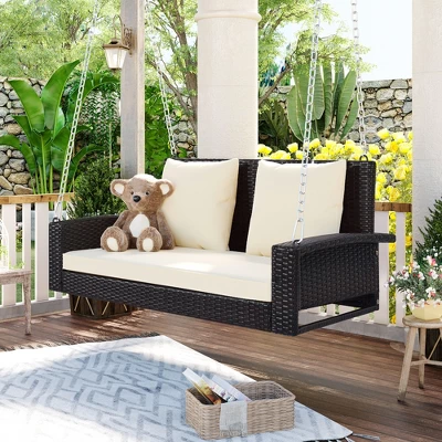 FURNIinspire Patio Swings Wicker Hanging Porch Swing With Chains With Cushion And Pillow, Patio Swing For Backyard, Brown And Beige, 50"*22"*21" 1 FURNIinspire Patio Swings Wicker Hanging Porch Swing With Chains With Cushion And Pillow, Patio Swing For Backyard, Brown And Beige, 50"*22"*21"