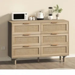 FURNIinspire Dressers 6 Drawers Rattan Storage Cabinet Dresser Organizer For Bedroom, Nursery, Modern Clothes Closet, Brown, 43.31"*15.75"*29.53" -Home Decor GUEST aaed3945 e12d 4200 ad1f 03cd353e77fd