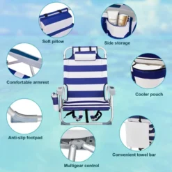FURNIinspire Outdoor Portable Chair Adjustable Back With Storage For Relaxing Adventures, Blue Stripes, 24.8"*25.6"*32.28" -Home Decor GUEST ab2ec9ca 6b2c 45e9 ae7c 32eceb912526