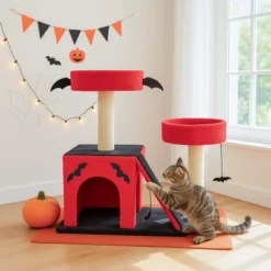 FURNIinspire Pet Tower Gothic Cat Tree Tower Halloween Pet Furniture Cute Cat Toys House With Condo, Scratching Posts, Red, 25.6"*17.7"*27.5" -Home Decor GUEST ab5c6e99 8b76 4ef9 8f67 ef181bb1a46e