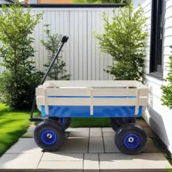 FURNIinspire Wheelbarrows And Lawn Carts Outdoor Wagon Pulling Air Tires Garden Cart, Lawn Cart With Pull Handle, Blue, 39“*19"*20" -Home Decor GUEST acfce321 4d46 4e7c 9ab1 d1582e2c9cca