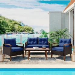 FURNIinspire Patio Seating Sets 4-Pieces Outdoor Wicker Seating Set, Conversation Sofa Set, Sofa Set And Wood Table, Brown And Blue, 46“*25”*28“ -Home Decor GUEST ad1583e4 58ed 4b18 a66b 8946f410e908