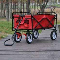 FURNIinspire Wheelbarrows And Lawn Carts Folding Wagon Cart, Collapsible Garden, Beach And Shopping Utility Cart With Handle, Red, 41“*21"*46"