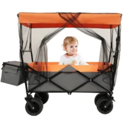 FURNIinspire Outdoor Serving Carts 480Lbs Collapsible Wagon With Canopy Lightweight Foldable Wagon With Mosquito Net, Orange, 45.28"*22.83"*38.78" -Home Decor GUEST b322c543 308a 4f43 ba09 9235ec8c8072