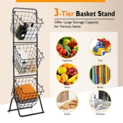 FURNIinspire Kitchen Racks 3 Tier Fruit Basket Stand, Steel Food Storage Rack Removable Wire Bowls With Non-Slip Pads, Black, 11"*12"*42.5" -Home Decor GUEST b3fc4a3f eb0e 4100 9256 1b465802f0f7