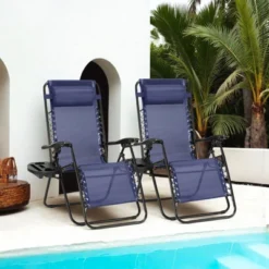 FURNIinspire Outdoor Portable Chairs Lounge Chairs Patio Folding Recliners For Pool Beach Garden With Pillow And Cup Holder, Blue, 62.8"*24.22"*43.3" -Home Decor GUEST b812c9c3 a2c1 4dd3 a6bd 994731d2b16b
