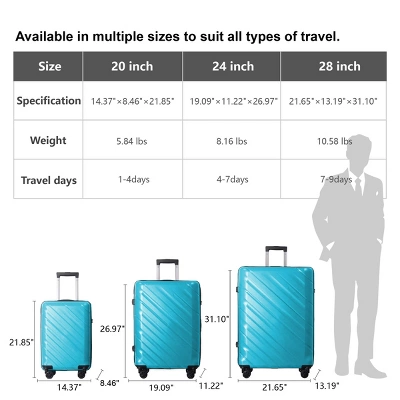 FURNIinspire Bag And Luggage Sets 3 Piece Textured Travel Luggage, Hard Suitcase Set With Wheels, Scratch-Resistant, Peacock Blue, 21.65"*13.19"*31.1" 2 FURNIinspire Bag And Luggage Sets 3 Piece Textured Travel Luggage, Hard Suitcase Set With Wheels, Scratch-Resistant, Peacock Blue, 21.65"*13.19"*31.1" - Image 2