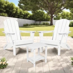 FURNIinspire Patio Seating Sets Folding Adirondack Chairs With Side Table, 3-Piece Rocking Chairs Set With Wood Texture, White, 30“*28”*35“