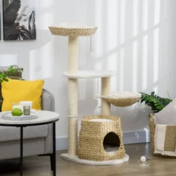 FURNIinspire Cat Tree Kitty Activity Center, Cat Climbing Toy With Cattail Fluff, Bed, Condo, Sisal Scratching Post, Natural, 19.8"*19.8"*46.8" -Home Decor GUEST c146339b acd6 4f56 a964 645dd6a38448