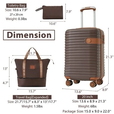 FURNIinspire Bag And Luggage Sets 3 Piece Carry On Luggage Sets, Lightweight Hard Shell Suitcase With Wheel, Bag Set, Brown, 8.9"*13.6"*21.3" 2 FURNIinspire Bag And Luggage Sets 3 Piece Carry On Luggage Sets, Lightweight Hard Shell Suitcase With Wheel, Bag Set, Brown, 8.9"*13.6"*21.3" - Image 2