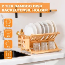 FURNIinspire Kitchen Racks 3 Tier Bamboo Dish Rack, Foldable Wood Dish Drying Rack Kitchen Organizer With Utensil Holder, Brown, 16.1"*9.8"*9.6" -Home Decor GUEST c366f464 430c 40cf 8918 c3e22f4b052a