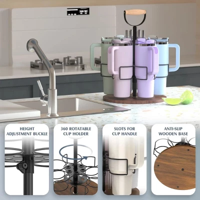 FURNIinspire Cup Organizer With Handle Rotating Tumbler Holder Bottle Storage Rack Kitchen Holder Non-Slip Pad, Black, 12.87"*12.87"*3.51" 1 FURNIinspire Cup Organizer With Handle Rotating Tumbler Holder Bottle Storage Rack Kitchen Holder Non-Slip Pad, Black, 12.87"*12.87"*3.51"