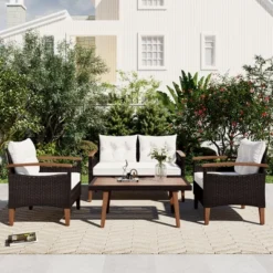 FURNIinspire Patio Seating Sets 4-Pieces Outdoor Wicker Seating Set, Conversation Sofa Set, Sofa Set And Wood Table, Brown And Beige, 46“*25”*28“ -Home Decor GUEST c5283f7f 99a3 4087 9768 c9f174c66aa5