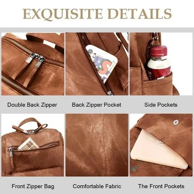 FURNIinspire Backpacks Waterproof PU Leather Shoulder Bag Adjustable Straps With Multiple Pockets And Spacious Storage, Brown, 12"*6"*11" 3 FURNIinspire Backpacks Waterproof PU Leather Shoulder Bag Adjustable Straps With Multiple Pockets And Spacious Storage, Brown, 12"*6"*11" - Image 3
