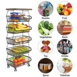FURNIinspire Kitchen Rack Holder Metal Baskets With Wheels Stackable Storage Organizer For Dining Room Bathroom Fruit Cart, Black, 12.09"*7.02"*15.99" -Home Decor GUEST c7f3518d beb9 4310 8d91 3904c1ddd1d2