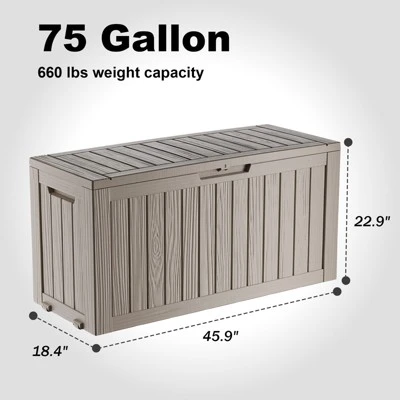 FURNIinspire Deck Boxes 75 Gallon Waterproof Resin Deck Box, Outdoor Storage Container Storage Bin, All Weather Use, Light Brown, 18“*46”*23“ 2 FURNIinspire Deck Boxes 75 Gallon Waterproof Resin Deck Box, Outdoor Storage Container Storage Bin, All Weather Use, Light Brown, 18“*46”*23“ - Image 2