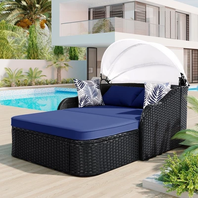 FURNIinspire Patio Chaise Lounges Outdoor Sunbed With Adjustable Canopy, Patio Chaise Lounge, Black Wicker Daybed And Blue Cushion, 79.9“*52.4"*49.6" 4 FURNIinspire Patio Chaise Lounges Outdoor Sunbed With Adjustable Canopy, Patio Chaise Lounge, Black Wicker Daybed And Blue Cushion, 79.9“*52.4"*49.6" - Image 4