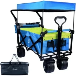 FURNIinspire Outdoor Serving Carts Collapsible Wagon Foldable With Removable Canopy Wheels For All-Terrain Brake For Camping, Blue, 35.4"*19.7"*44.5" -Home Decor GUEST cf52fa3d 6254 4ef9 8e13 8bcb399e623f