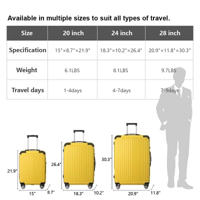 FURNIinspire Bag And Luggage Sets 3 Size Luggage Suitcases With Wheels, Hard Rolling Suitcase Set For Travel Business, Yellow, 20.87"*11.81"*30.31" 2 FURNIinspire Bag And Luggage Sets 3 Size Luggage Suitcases With Wheels, Hard Rolling Suitcase Set For Travel Business, Yellow, 20.87"*11.81"*30.31" - Image 2