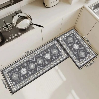FURNIinspire Floor Mats 2 Piece Farmhouse Kitchen Rug Washable Area Rugs Non Skid Bohemian Mat For Hallway Entryway, Grey, 60"*20" 2 FURNIinspire Floor Mats 2 Piece Farmhouse Kitchen Rug Washable Area Rugs Non Skid Bohemian Mat For Hallway Entryway, Grey, 60"*20" - Image 2
