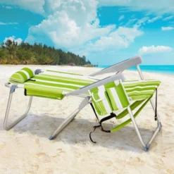 FURNIinspire Outdoor Portable Chair Adjustable Back With Storage Pockets For Comfort And Relaxation, Green Stripes, 24.8"*27.56"*38.98" -Home Decor GUEST db69fb1a 8776 4edd 8568 b6c09e4bec71