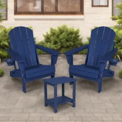 FURNIinspire Patio Seating Sets Folding Adirondack Chairs With Side Table, 3-Piece Rocking Chairs Set With Wood Texture, Blue, 30“*28”*35“ -Home Decor GUEST dc43ab92 8406 40c1 a3bf eac84a5f4913