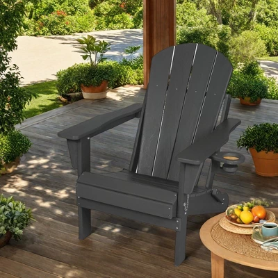 FURNIinspire Patio Accent Chairs Folding Adirondack Chair, Outdoor Adirondack Chair With Cup Holder, Wood Texture Folding Chair, Gray, 32"*29"*36" 5 FURNIinspire Patio Accent Chairs Folding Adirondack Chair, Outdoor Adirondack Chair With Cup Holder, Wood Texture Folding Chair, Gray, 32"*29"*36" - Image 5