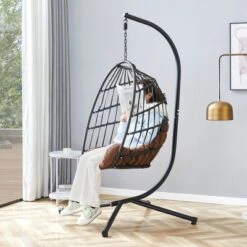 FURNIinspire Patio Swings Hanging Chair With Wicker Weave, Single Person Swing With Brown Seat Cushion For Indoor And Outdoor, Black, 37“*37"*79" -Home Decor GUEST dcf16b16 aa93 455e adcb 6cf45f9218ab