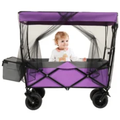 FURNIinspire Outdoor Serving Carts 480Lbs Collapsible Wagon With Canopy Lightweight Foldable Wagon With Mosquito Net, Purple, 45.28"*22.83"*38.78" -Home Decor GUEST de2e35de 6231 4a80 ad72 1e494ec2e95b
