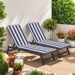 FURNIinspire Outdoor Seat Cushions 2pcs Stripe Patio Furniture Seat Cushion Replacement For Chaise Lounge, Removable Cover, Blue, 74.4"*22.05"*2.76" -Home Decor GUEST de704621 ccd0 4f5f 8193 498ee439c657