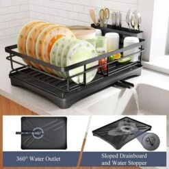 FURNIinspire Dish Drying Rack Dish Rack For Sink Dish Rack Drainboard Rustproof Dish Drainer With Utensil Holder Kitchen, Black, 17.16"*12.68"*5.07"