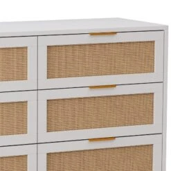 FURNIinspire Dressers Rattan Storage Cabinet Clothes Storage Cabinet With 6 Drawer For Bedroom Nursery, Large Capacity, White, 43.31"*15.75"*29.53"