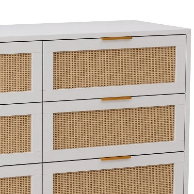 FURNIinspire Dressers Rattan Storage Cabinet Clothes Storage Cabinet With 6 Drawer For Bedroom Nursery, Large Capacity, White, 43.31"*15.75"*29.53" 1 FURNIinspire Dressers Rattan Storage Cabinet Clothes Storage Cabinet With 6 Drawer For Bedroom Nursery, Large Capacity, White, 43.31"*15.75"*29.53"
