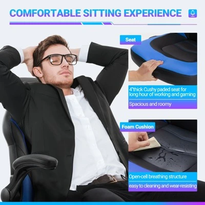 FURNIinspire Task And Office Chairs Pu Leather Office Chair Swivel Computer Gaming Chair With Lumbar Support, Black And Blue, 25"*28"*46" 3 FURNIinspire Task And Office Chairs Pu Leather Office Chair Swivel Computer Gaming Chair With Lumbar Support, Black And Blue, 25"*28"*46" - Image 3