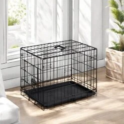 FURNIinspire Pet Crates And Houses 24 Inch Single Door Dog Cage, Metal Pet Kennel With Secure Lock, Removable Tray, Black , 16.5"* 24.4"*19.5"