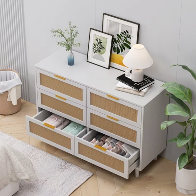 FURNIinspire Dressers Rattan Storage Cabinet Clothes Storage Cabinet With 6 Drawer For Bedroom Nursery, Large Capacity, White, 43.31"*15.75"*29.53" 3 FURNIinspire Dressers Rattan Storage Cabinet Clothes Storage Cabinet With 6 Drawer For Bedroom Nursery, Large Capacity, White, 43.31"*15.75"*29.53" - Image 3