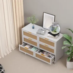 FURNIinspire Dressers Rattan Storage Cabinet Clothes Storage Cabinet With 6 Drawer For Bedroom Nursery, Large Capacity, White, 51.18"*15.75"*29.72" -Home Decor GUEST e7adc2b2 9e2d 4eb1 aca3 7f2c57ad6890