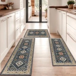 FURNIinspire Floor Mats Home 3 Piece Kitchen Rug Machine Washable Floor Mat For Living Room, Vintage Carpet, Non Slip, Dark Blue, 60"*20"