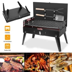 FURNIinspire Outdoor Grills, Griddles And Smokers 3 Level Adjustable Outdoor BBQ With Wind Guard Tools For Camping, Picnics, Black, 17.7"*11.02"*3.1" -Home Decor GUEST e8ef019e 100b 4605 9727 db45912d5d01
