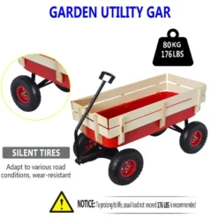 FURNIinspire Wheelbarrows And Lawn Carts Outdoor Sport Wagon Tools Cart Wooden Side Panels Air Tires Wagon, Garden Cart With Handle, Red, 39“*16"*20" -Home Decor GUEST e9ada69f 9e61 4f69 ad04 ba6c7a08a664