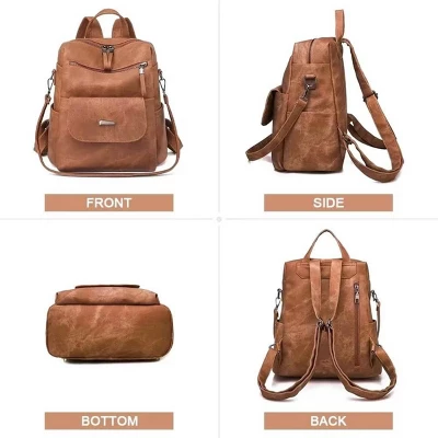 FURNIinspire Backpacks Waterproof PU Leather Shoulder Bag Adjustable Straps With Multiple Pockets And Spacious Storage, Brown, 12"*6"*11" 1 FURNIinspire Backpacks Waterproof PU Leather Shoulder Bag Adjustable Straps With Multiple Pockets And Spacious Storage, Brown, 12"*6"*11"