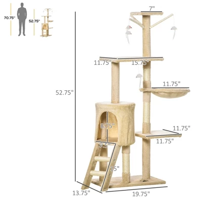 FURNIinspire Pet Tower Interactive Cat Condo Tower Activity Tree House, Pet Tower, Cat Tree Cat Playhouse, Cat Climbers, Beige, 19.78"*13.75"*52.75" 2 FURNIinspire Pet Tower Interactive Cat Condo Tower Activity Tree House, Pet Tower, Cat Tree Cat Playhouse, Cat Climbers, Beige, 19.78"*13.75"*52.75" - Image 2