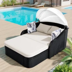 FURNIinspire Patio Chaise Lounges Outdoor Sunbed With Adjustable Canopy, Patio Chaise Lounge, Black Wicker Daybed And Beige Cushion, 79.9“*52.4"*49.6" -Home Decor GUEST ee0e817a 48f3 46a5 ab02 ca37cd6a940c