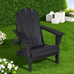 FURNIinspire Patio Accent Chairs Folding Adirondack Chair, Outdoor Adirondack Chair With Cup Holder, Wood Texture Folding Chair, Black, 32"*29"*36" -Home Decor GUEST ee78dbf2 2a95 4502 a660 3a92dadd0ee9