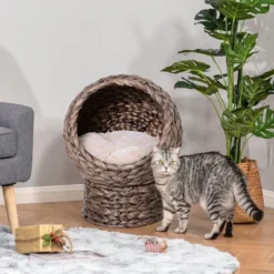 FURNIinspire Handwoven Elevated Cat Bed With Cushion & Stand,Egg Chair Shape Cat Basket Kitty House For Indoor,16.5"*13"*20.5" -Home Decor GUEST f1d347ed da2a 4439 aaa8 0350c5b18ec0