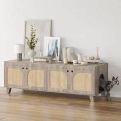 FURNIinspire Pet Crates And Houses Double Large Hidden Cat Litter Box Enclosure Furniture Cabinet With Rattan Doors, Brown, 57.9"*19.7"*19.7" -Home Decor GUEST f379a262 4649 4fbc 95ff 83caa63eaf1d