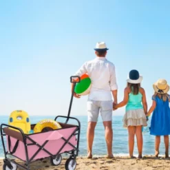 FURNIinspire Outdoor Serving Carts Fish 250L Collapsible Wagon Beach Wagon With Big Wheels For Camping, Sports, Pink, 25.98"*17.32"*37.4"