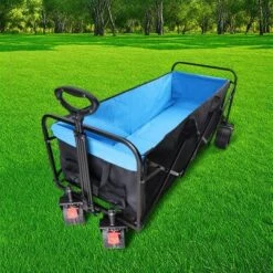 FURNIinspire Wheelbarrows And Lawn Carts Large Capacity Folding Cart Extender Wagon Cart, Lawn Cart For Picnic, Shopping, Black And Blue, 53“*21"*41"